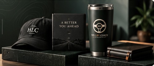 Approved His Life Coach merchandise photograph: black HLC cap, racing-green tumbler with logo and tagline, and A Better You Ahead notebook with road cover