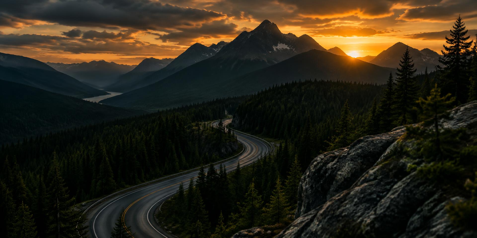 A winding road through dark forest beneath mountains at sunset