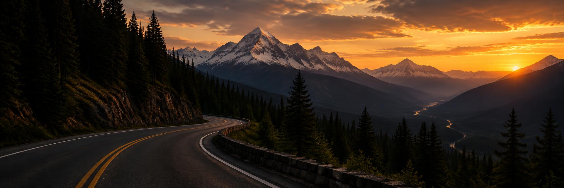 A winding mountain road at sunset