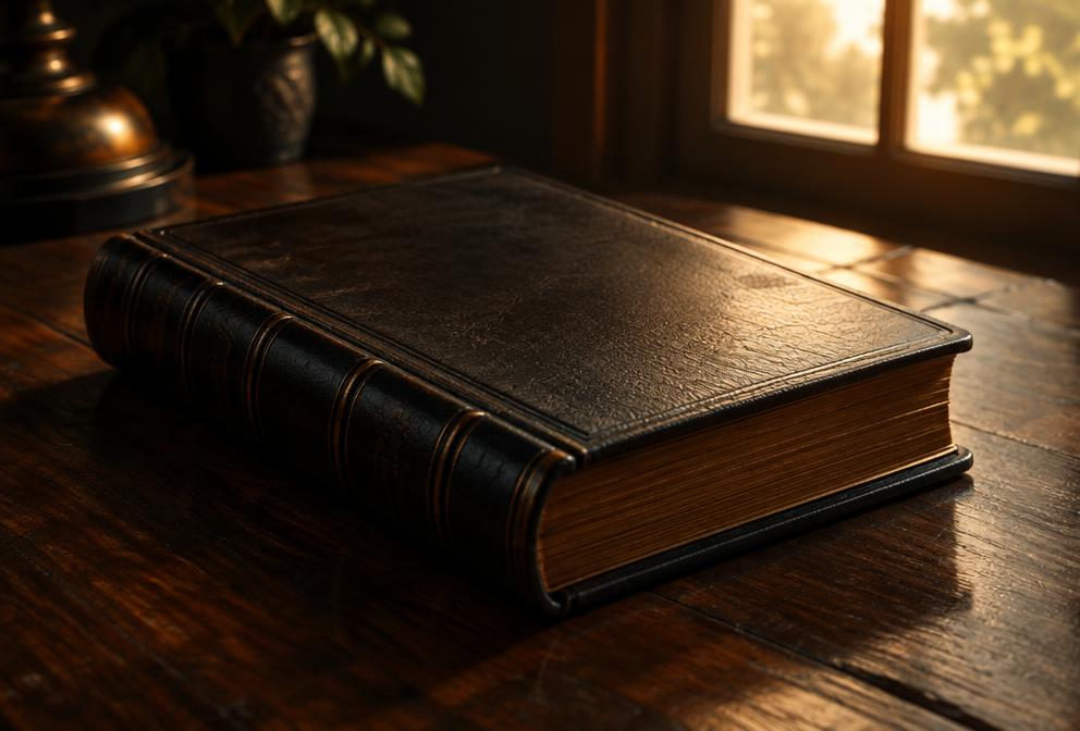 A leather-bound book on a wooden table