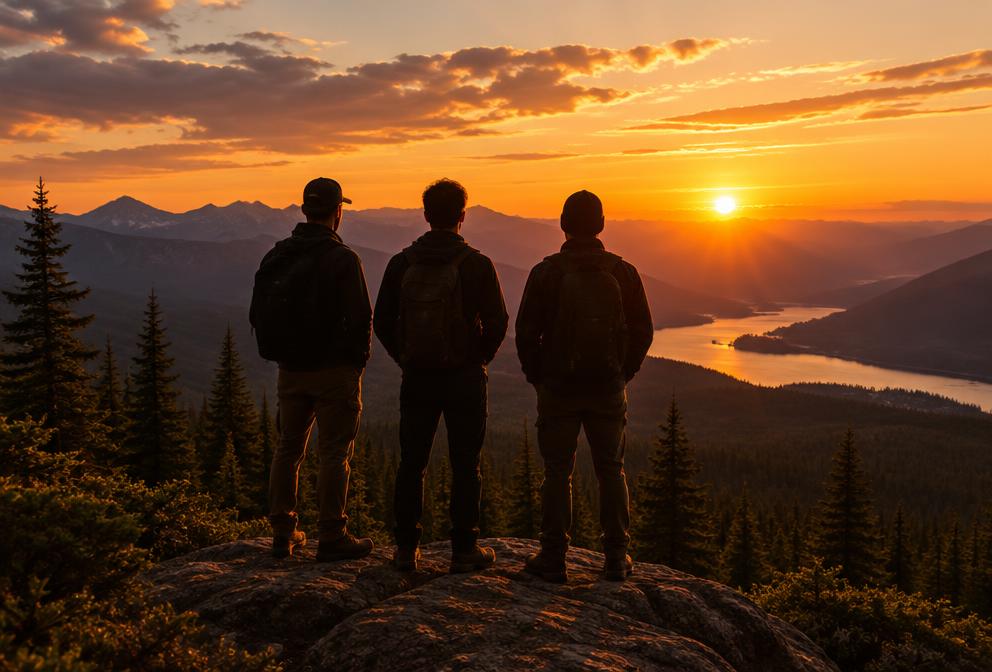 Three men overlooking a valley at sunset
