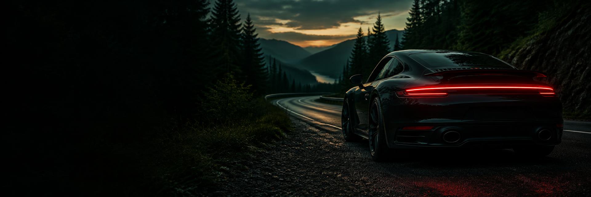 Rear view of a dark sports car with glowing taillights on a forest road at dusk