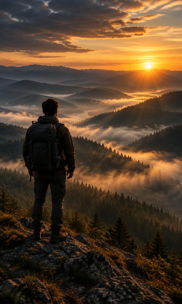 A man at a mountain summit at sunrise