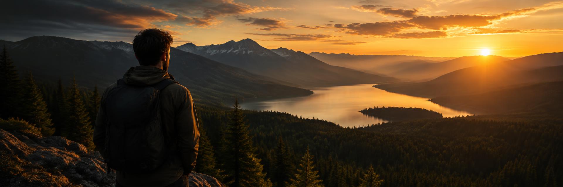 A man overlooking a forested valley and lake at sunset