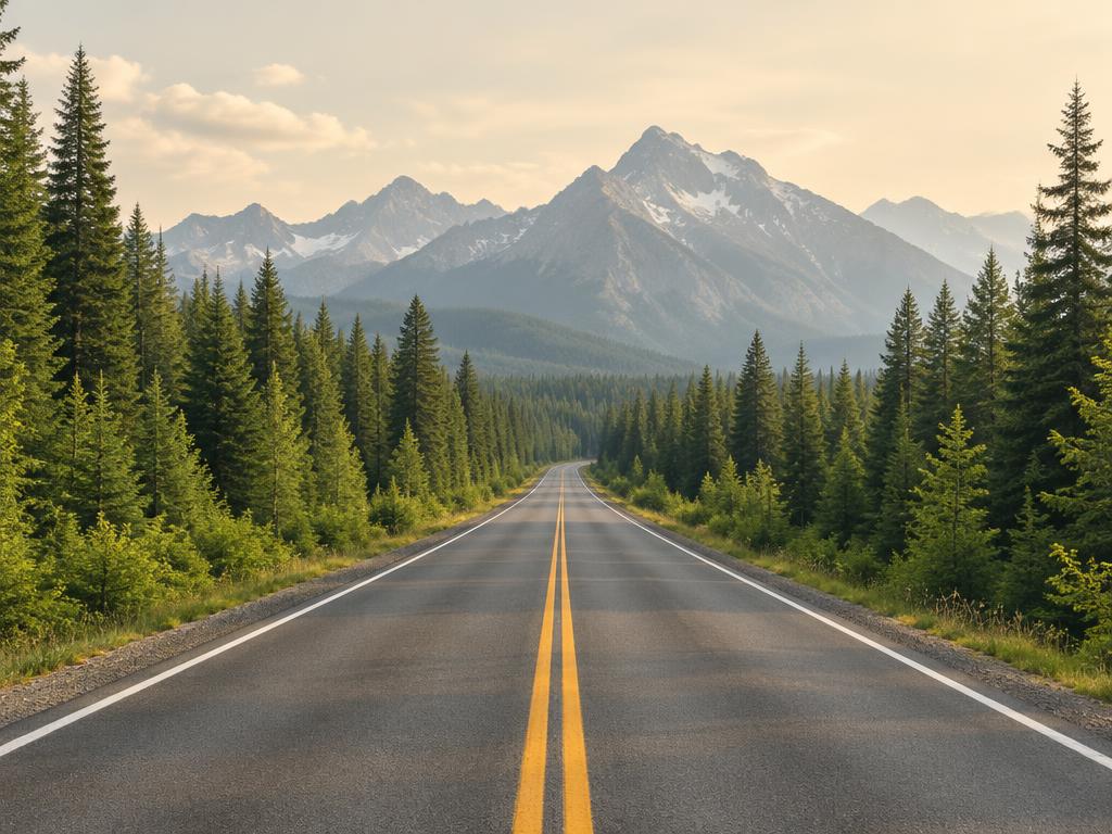 An open forest road toward mountains
